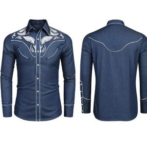 COOFANDY Men's Western Cowboy Embroidered Long Sleeve Button Down Shirt XXL